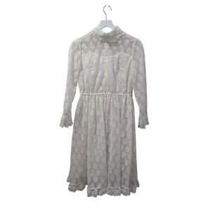 Vintage White Floral Lace High Neck Midi Dress Long Sleeve Bridal Cottagecore